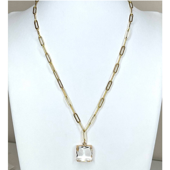 NEW Necklace Paperclip Chain 16" 18" 20" Clear Faceted Glass Pendant Trendy M13 - Picture 2 of 6